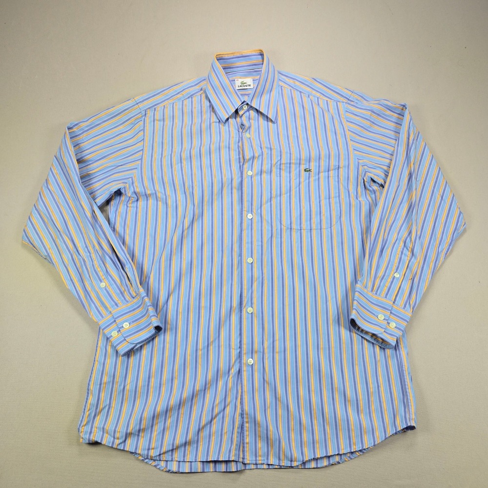 Lacoste Button Down Shirt Striped Long Sleeve Blue Orange Mens Size 40 Medium